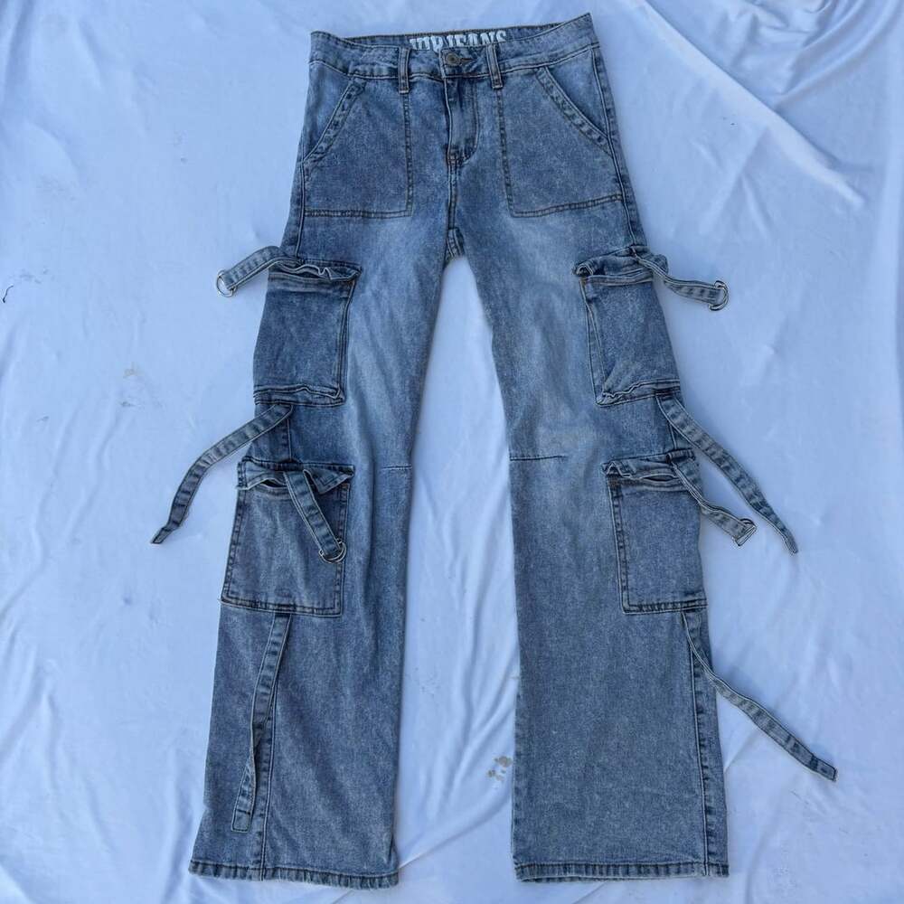 VIP Jeans Women Size 1/2 Baggy Cargo Denim Pants Blue D-Ring Straps Multi Pocket